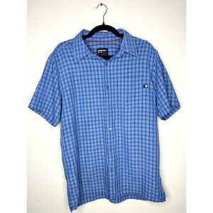 Marmot Men's Button Front Short Sleeve Navy Blue Black Plaid Outdoor Shirt Med